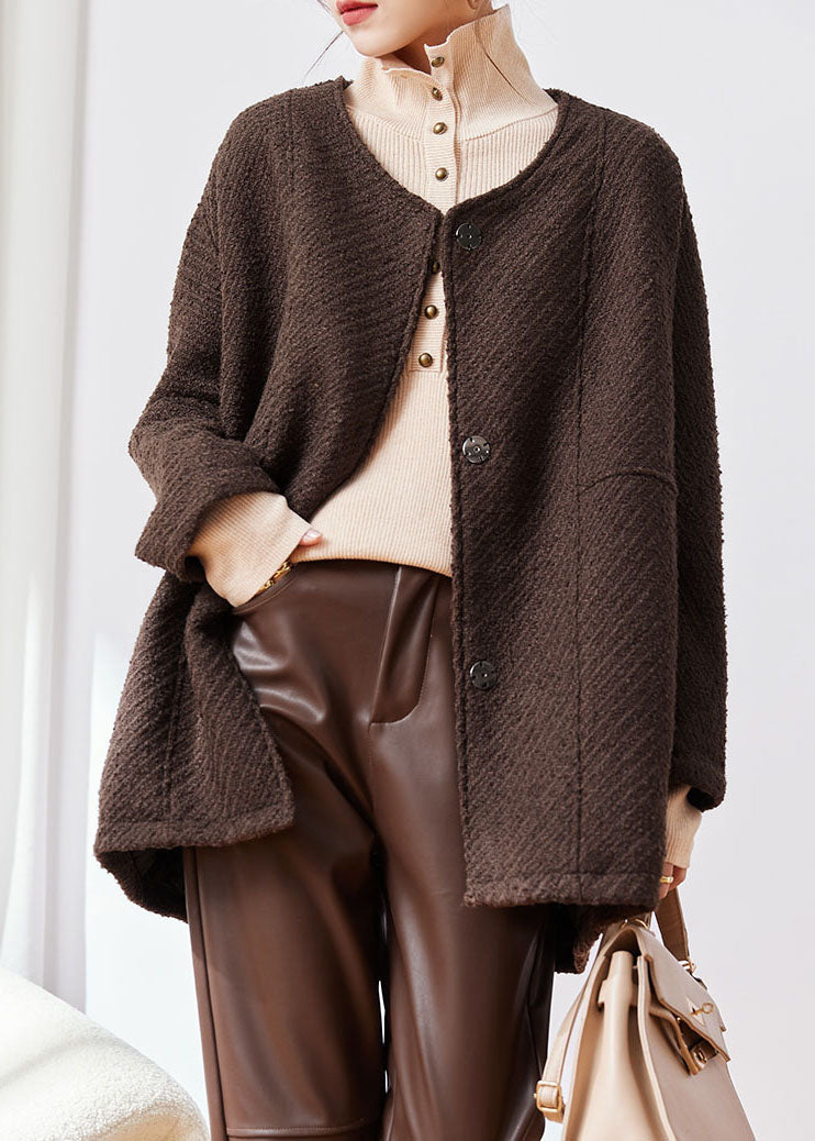 Plus Size Coffee Button Patchwork Cozy Woolen Coat Fall