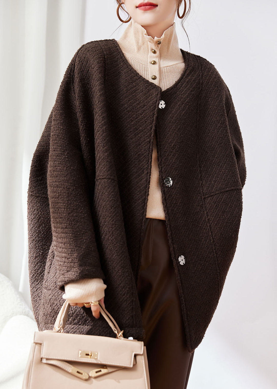 Plus Size Coffee Button Patchwork Cozy Woolen Coat Fall