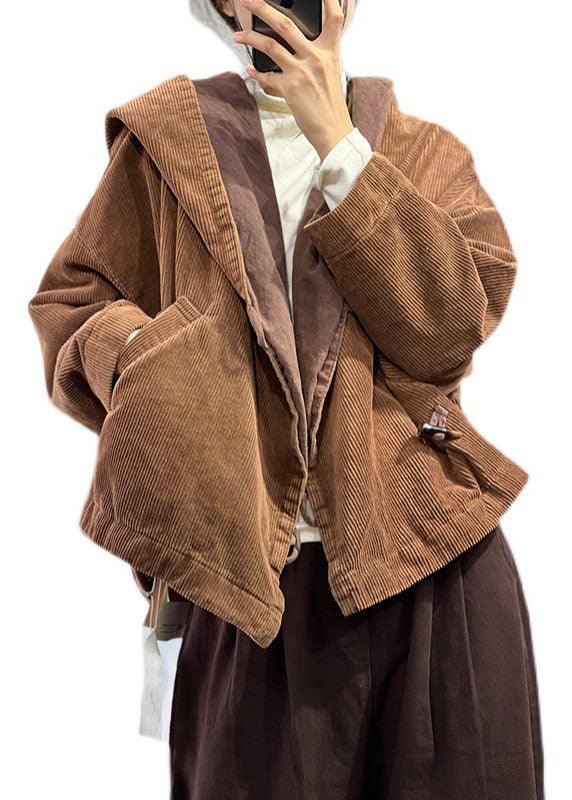 Plus Size Coffee Hooded Oversized Pockets Corduroy Coat Spring