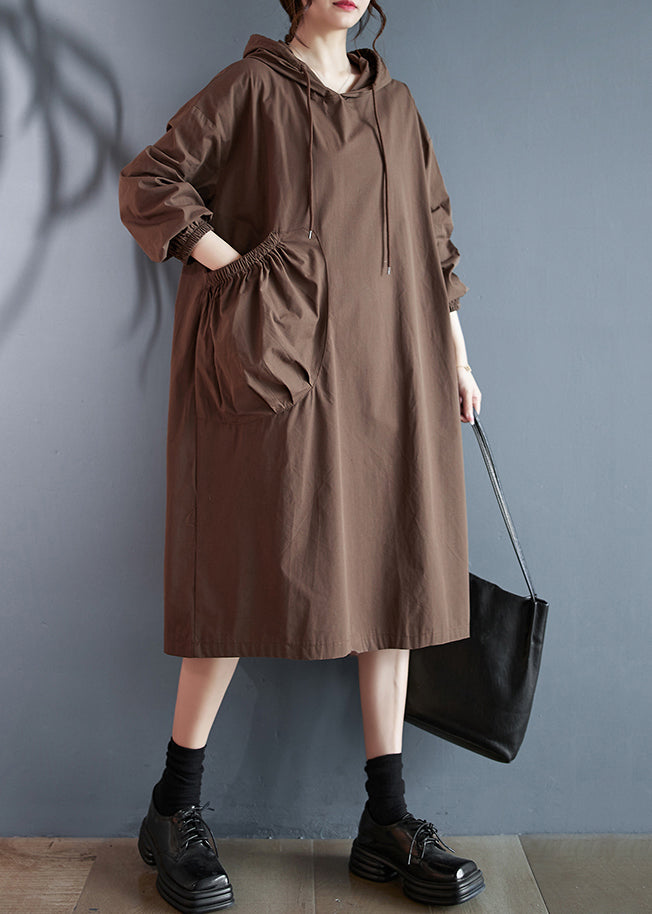Plus Size Coffee Hooded Pockets Cotton Dress Long Sleeve