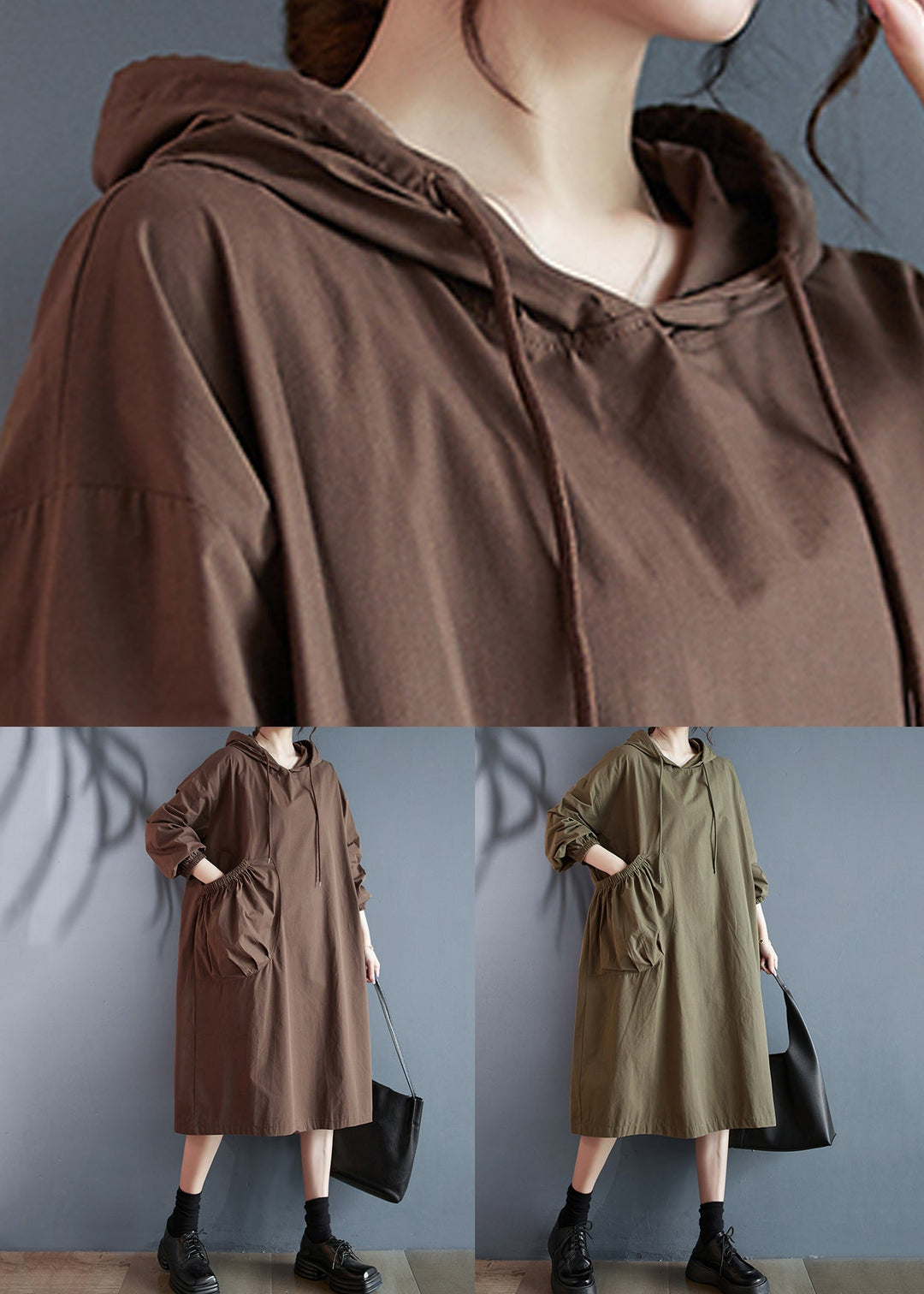 Plus Size Coffee Hooded Pockets Cotton Dress Long Sleeve