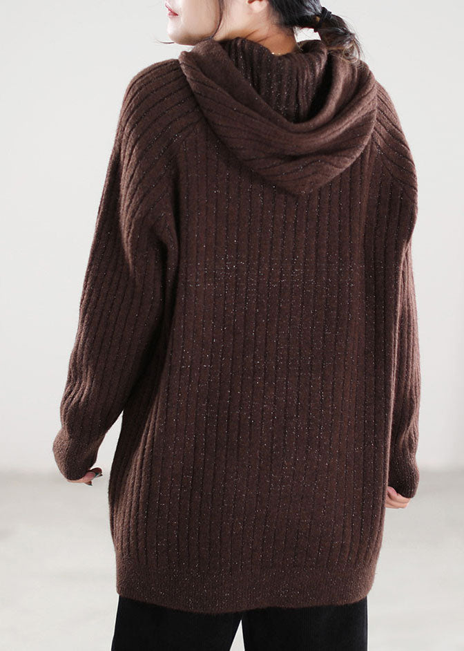 Plus Size Coffee Hooded drawstring Knitted Tops Spring