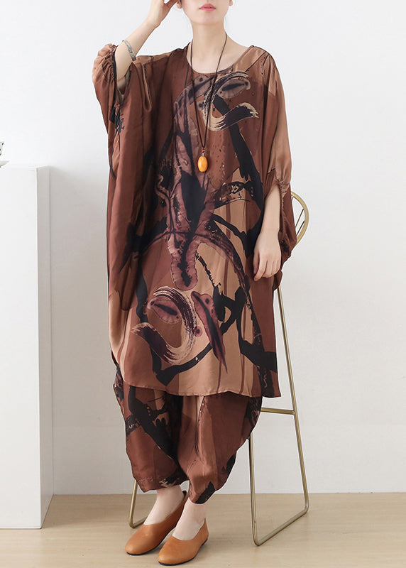 Plus Size Coffee O-Neck Asymmetrical Print Silk Two Pieces Set Batwing Sleeve