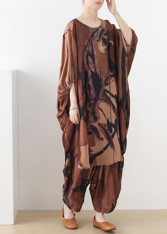 Plus Size Coffee O-Neck Asymmetrical Print Silk Two Pieces Set Batwing Sleeve