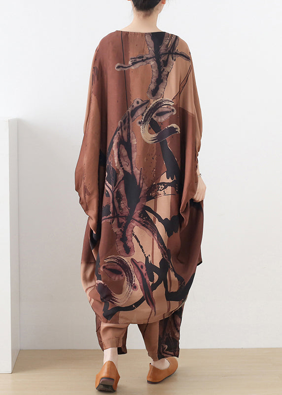 Plus Size Coffee O-Neck Asymmetrical Print Silk Two Pieces Set Batwing Sleeve