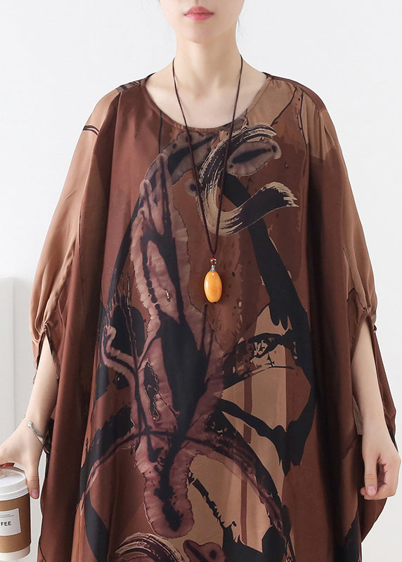 Plus Size Coffee O-Neck Asymmetrical Print Silk Two Pieces Set Batwing Sleeve