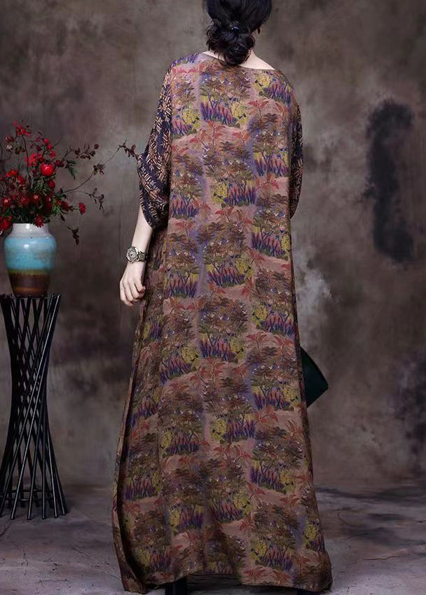 Plus Size Coffee O-Neck Lace Patchwork Print Silk Long Dresses Long Sleeve