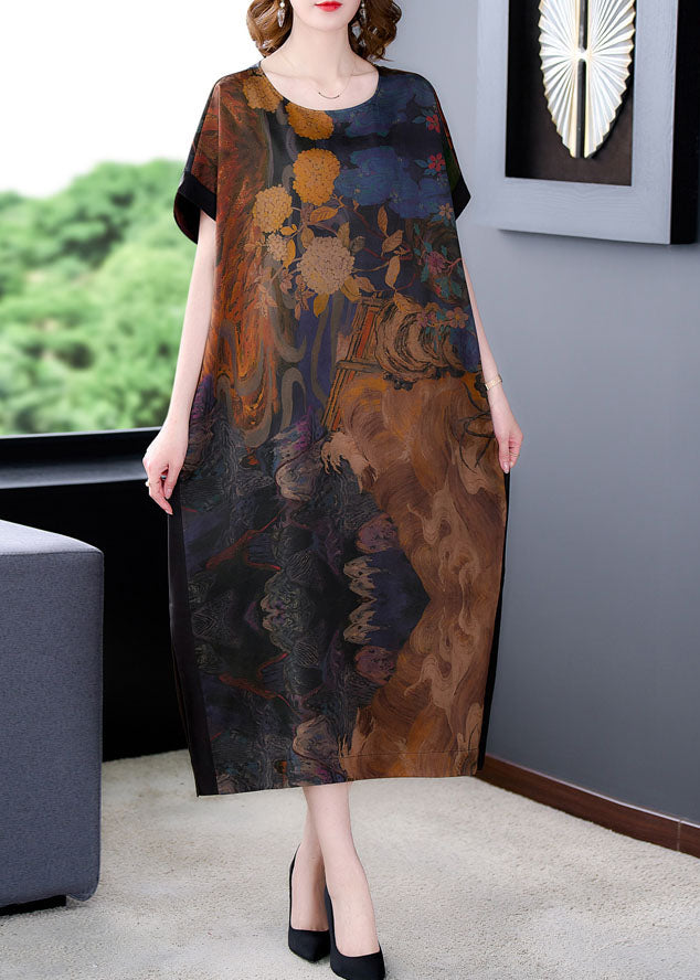 Plus Size Coffee O Neck Print Side Open Patchwork Silk Dresses Summer