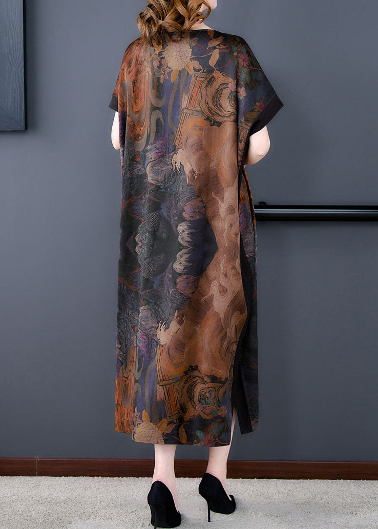 Plus Size Coffee O Neck Print Side Open Patchwork Silk Dresses Summer