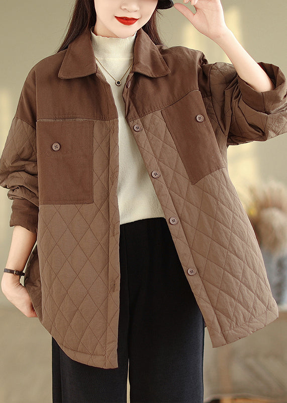 Plus Size Coffee Oversized Patchwork Fine Cotton Filled Jacket Winter