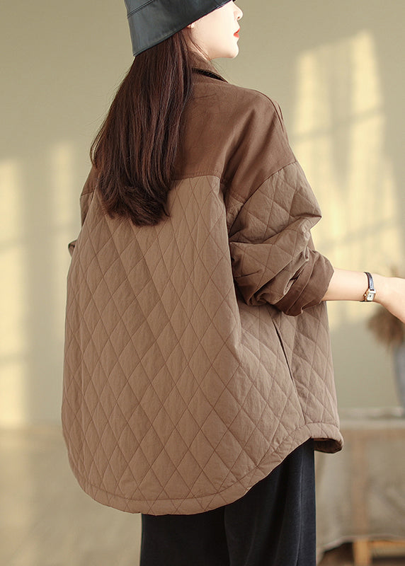 Plus Size Coffee Oversized Patchwork Fine Cotton Filled Jacket Winter