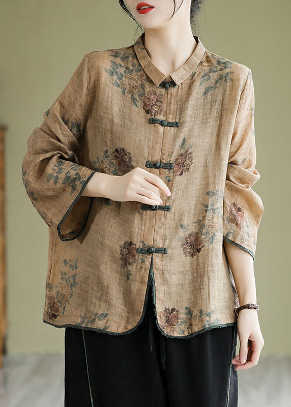 Plus Size Coffee Peter Pan Collar Print Button Shirt Fall