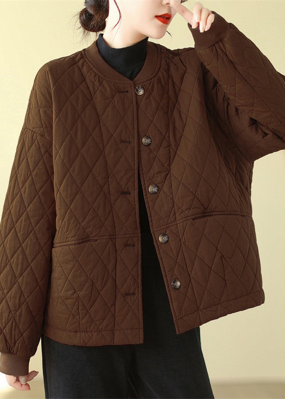 Plus Size Coffee Pockets Button Patchwork Fine Cotton Filled Jacket Winter