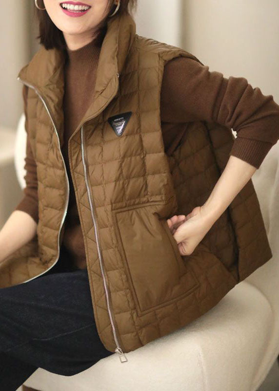 Plus Size Coffee Stand Collar Zip Up Duck Down Puffers Vests Winter
