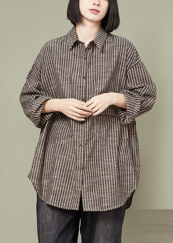 Plus Size grey Striped Button Cotton Blouse Tops Fall