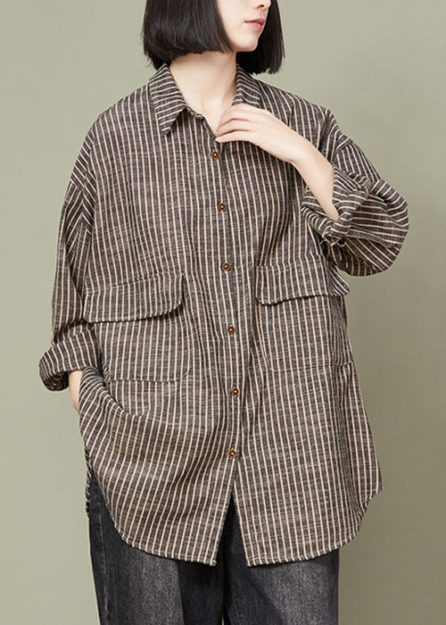 Plus Size grey Striped Button Cotton Blouse Tops Fall