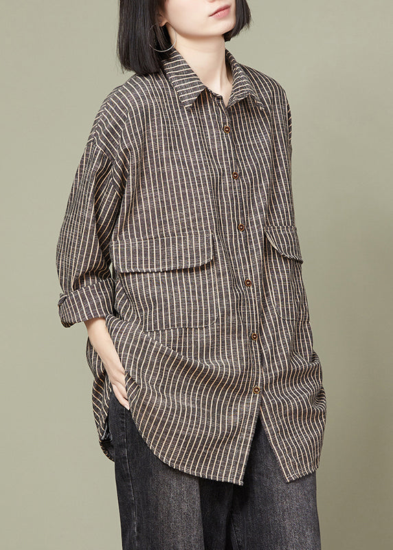 Plus Size grey Striped Button Cotton Blouse Tops Fall