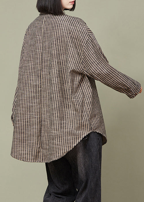 Plus Size grey Striped Button Cotton Blouse Tops Fall