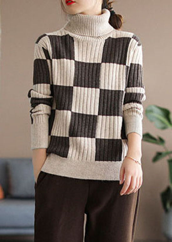 Plus Size Coffee Turtle Neck Plaid Knit top Winter