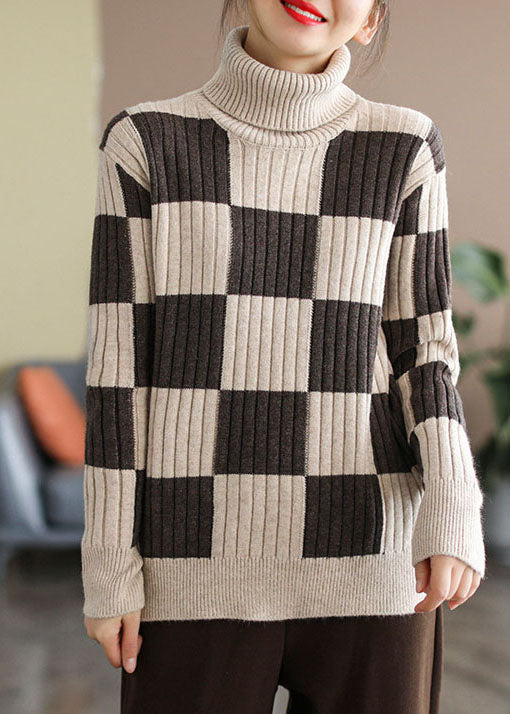 Plus Size Coffee Turtle Neck Plaid Knit top Winter