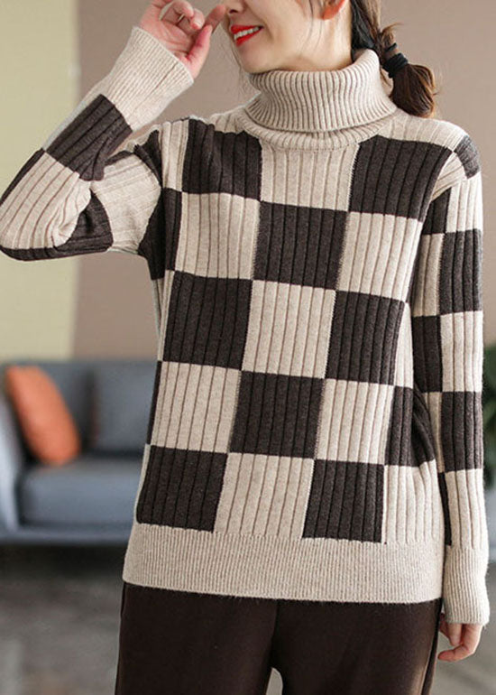 Plus Size Coffee Turtle Neck Plaid Knit top Winter