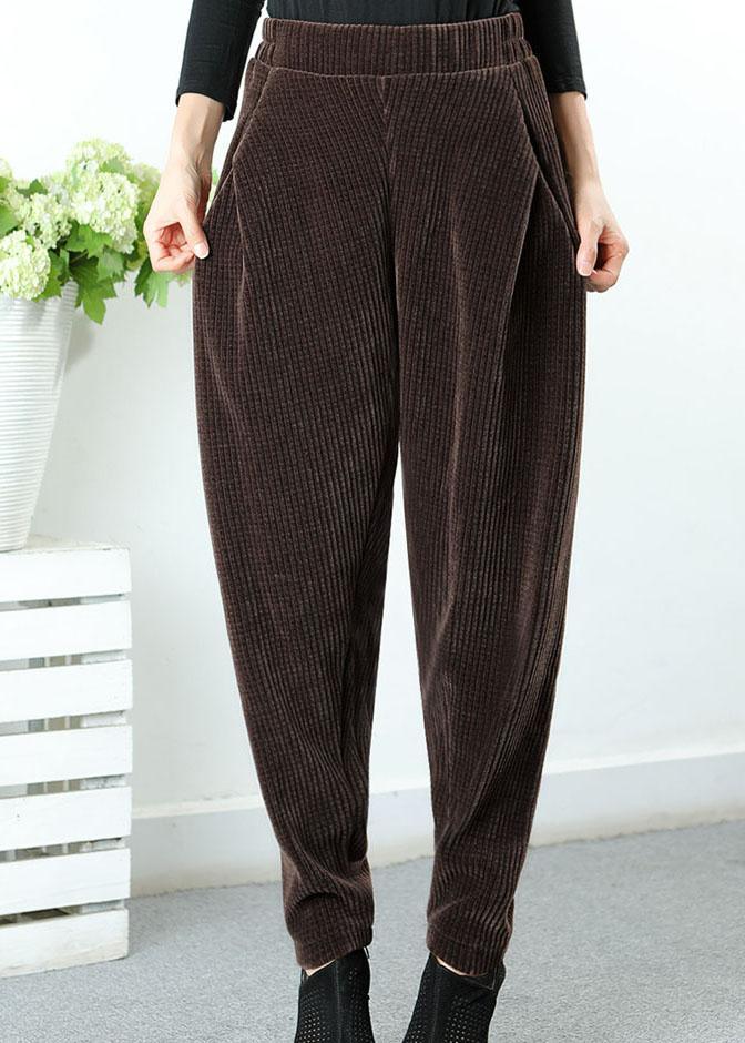 Plus Size Coffee asymmetrical design Pockets Thick Harem Winter Pants - Omychic