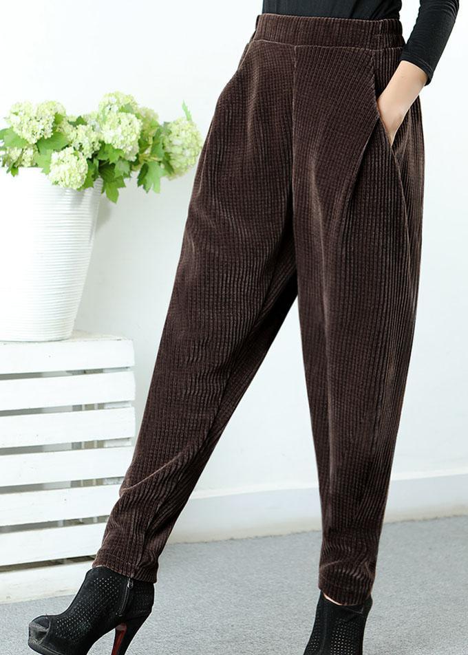 Plus Size Coffee asymmetrical design Pockets Thick Harem Winter Pants - Omychic