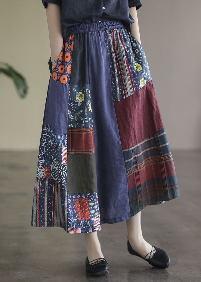 Plus Size Colorblock Elastic Waist Patchwork Print Linen Skirts Summer - Omychic