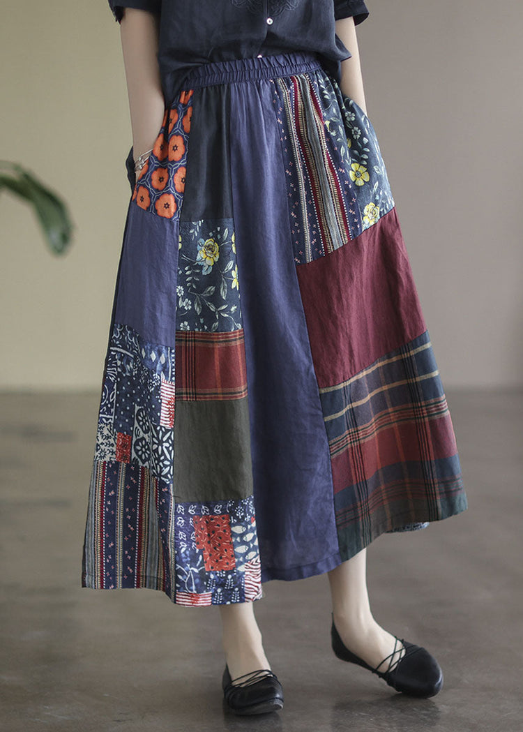 Plus Size Colorblock Elastic Waist Patchwork Print Linen Skirts Summer - Omychic