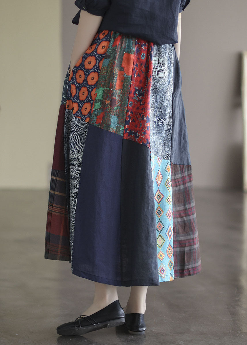 Plus Size Colorblock Elastic Waist Patchwork Print Linen Skirts Summer - Omychic