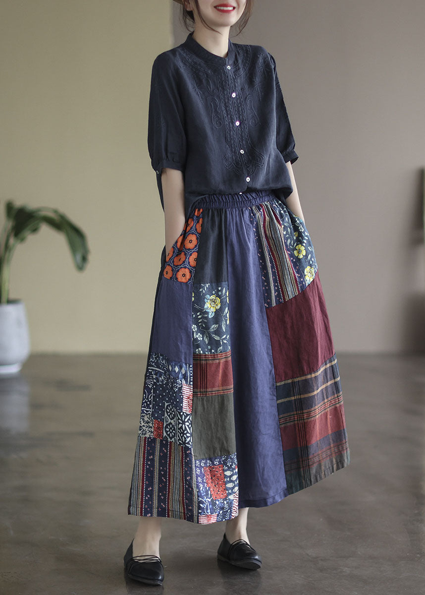 Plus Size Colorblock Elastic Waist Patchwork Print Linen Skirts Summer - Omychic