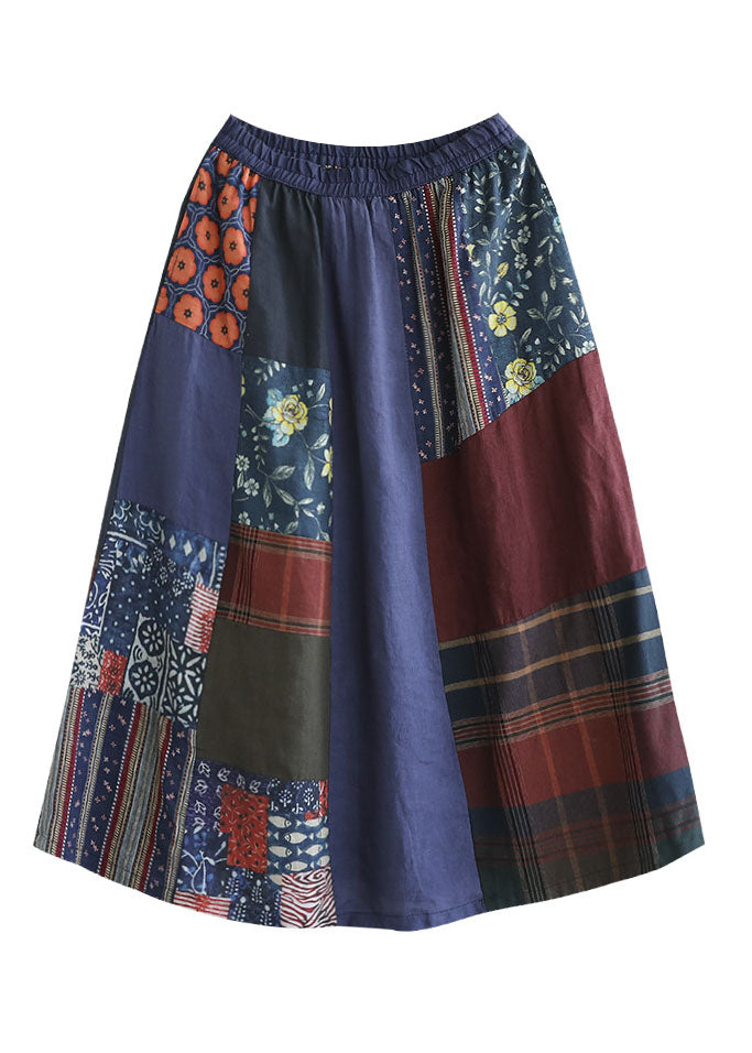 Plus Size Colorblock Elastic Waist Patchwork Print Linen Skirts Summer - Omychic