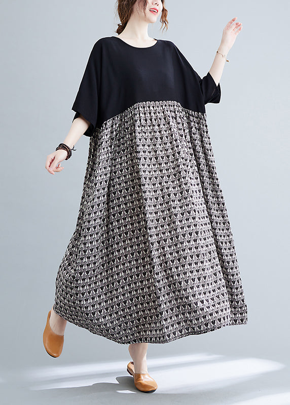 Plus Size Colorblock O-Neck Print Patchwork Vacation Dresses Short Sleeve