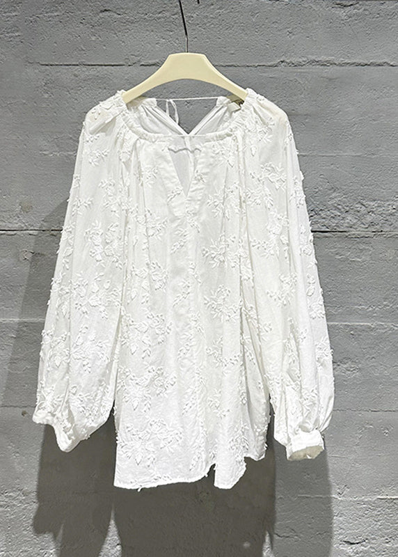 Plus Size Cozy White Embroideried Cotton Shirt Tops Fall
