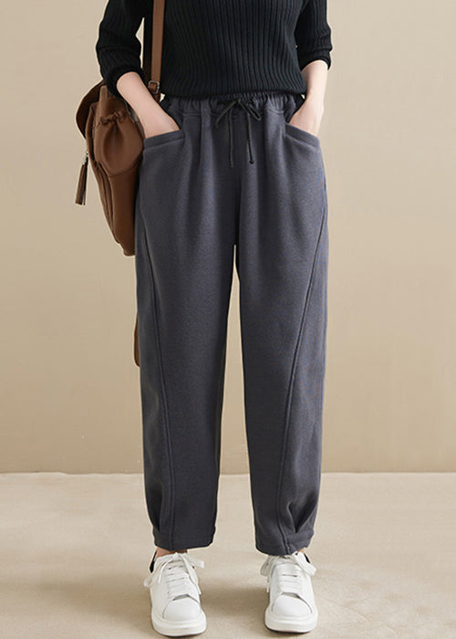 Plus Size Dark Gray Pockets Elastic Waist Warm Fleece Crop Pants