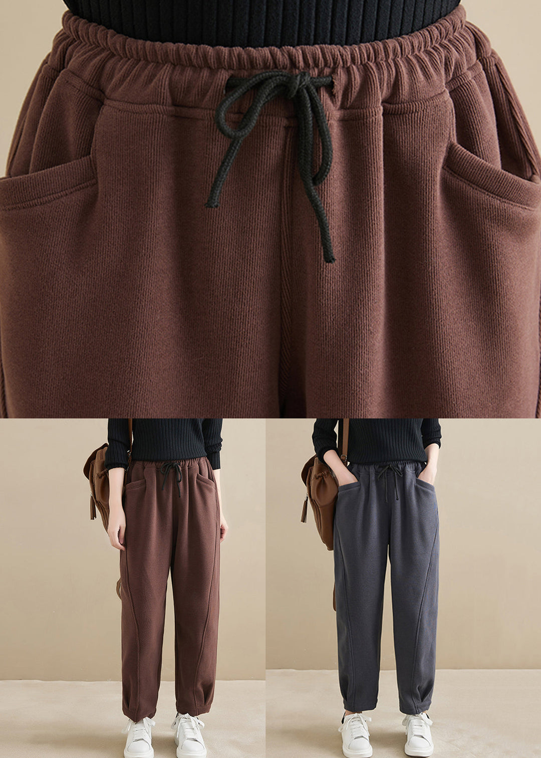Plus Size Dark Gray Pockets Elastic Waist Warm Fleece Crop Pants