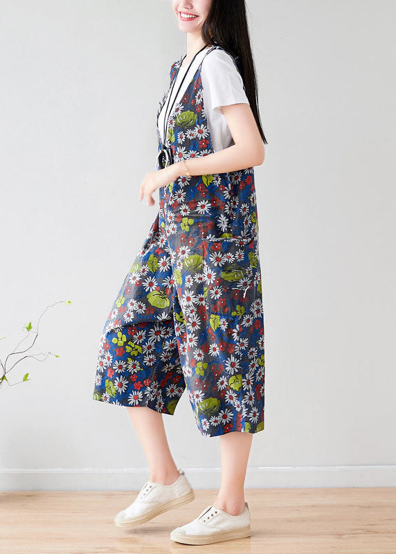 Plus Size Dark Grey V Neck Print Pockets Cotton Overalls Jumpsuit Summer