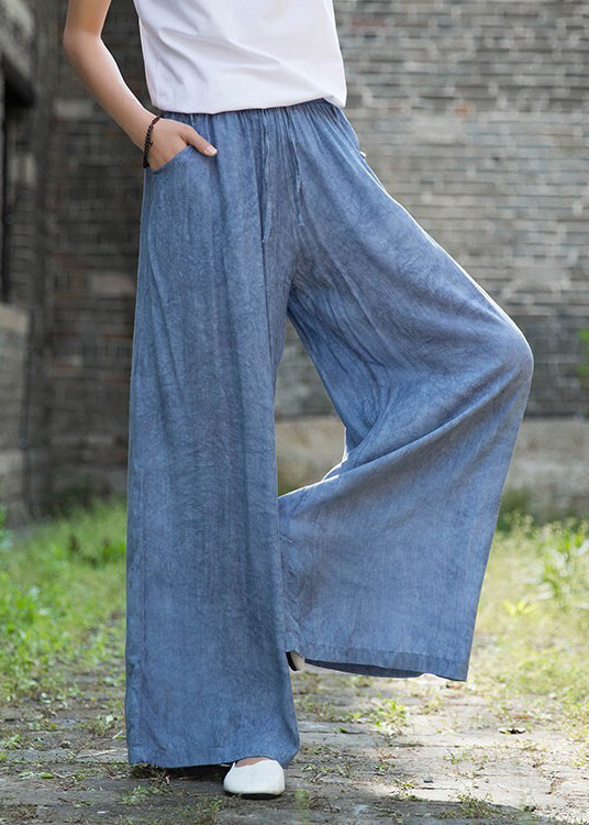 Plus Size Denim Blue Elastic Waist Pockets Cotton Straight Pants Fall