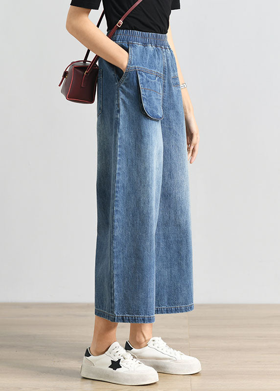 Plus Size Denim Blue Elastic Waist Pockets Cotton Wide Leg Crop Pants Summer