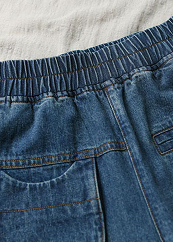 Plus Size Denim Blue Elastic Waist Pockets Cotton Wide Leg Crop Pants Summer