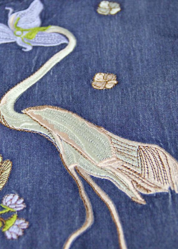 Plus Size Denim Blue Peter Pan Collar Embroideried Ruffled Drawstring Cotton Oriental Dresses Long Sleeve
