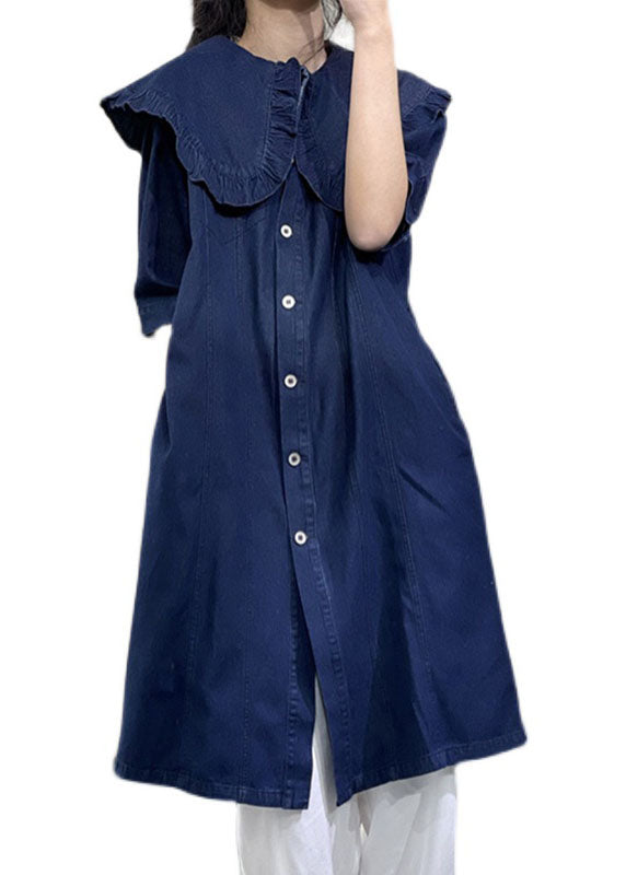 Plus Size Denim Blue Peter Pan Collar Ruffled Cotton Vacation Dresses Short Sleeve