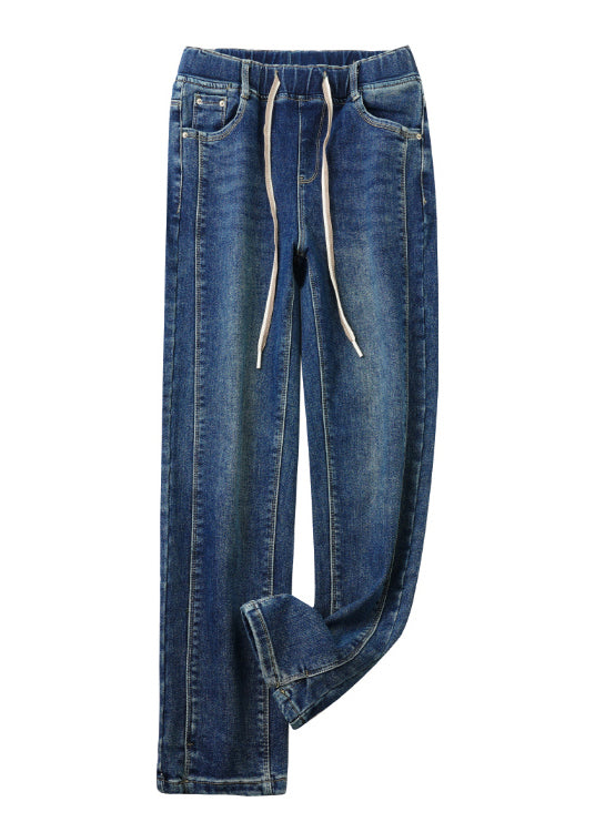 Plus Size Denim Blue Pockets Elastic Waist Fleece Pants Spring