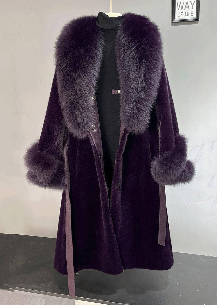 Plus Size Dull Purple Fox Collar Tie Waist Mink Velvet Trench Winter