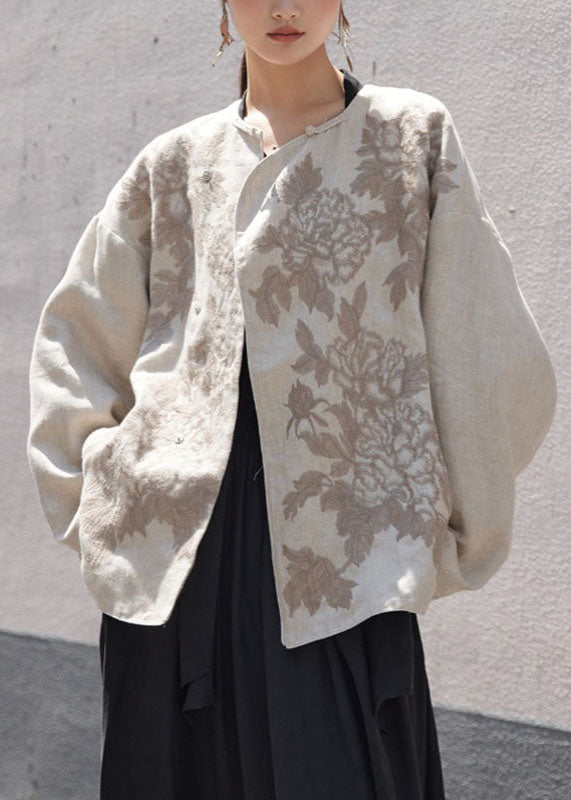 Plus Size Embroideried Floral Button Linen Coats Long Sleeve