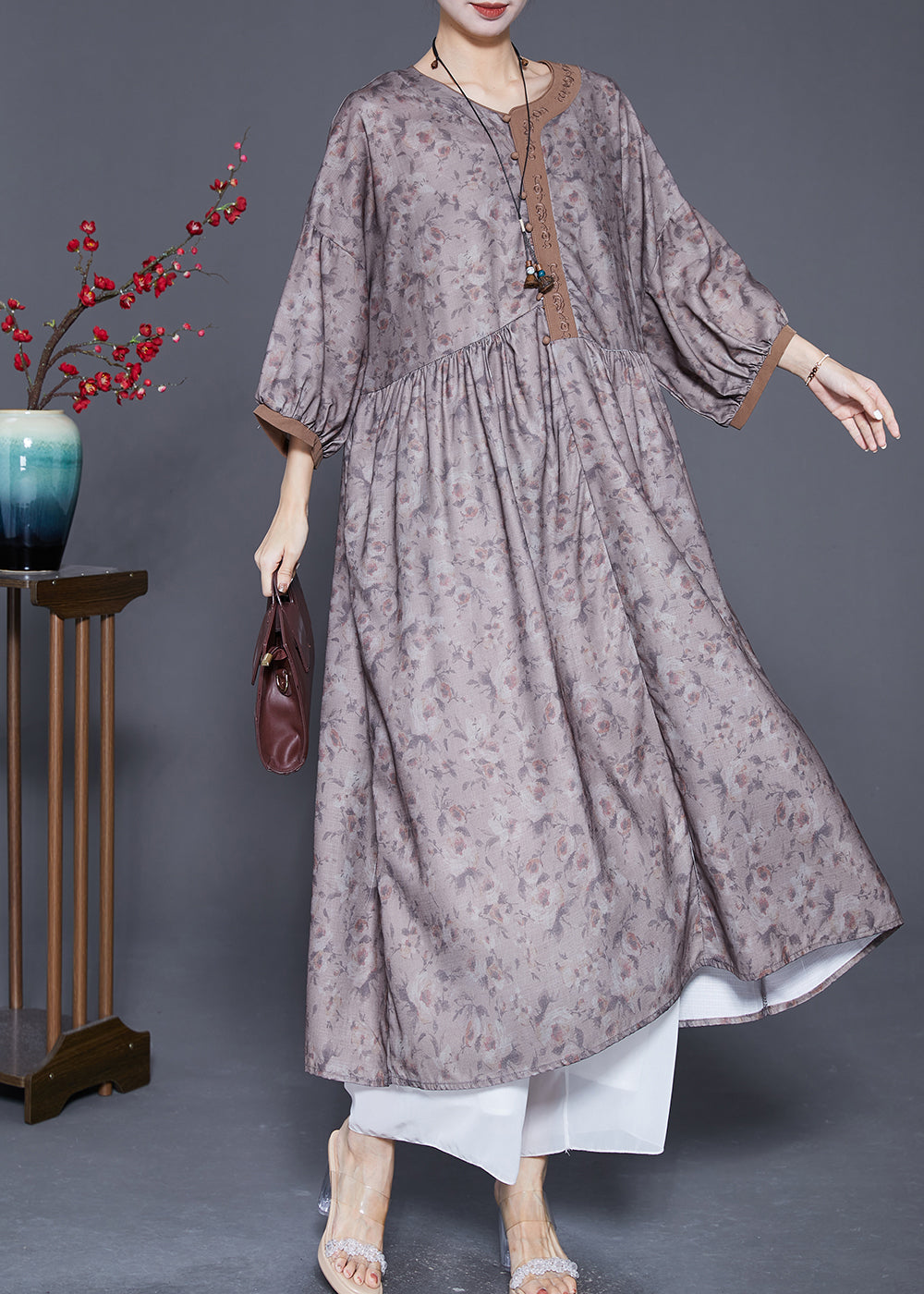 Plus Size Embroideried Print Wrinkled Linen Robe Dresses Summer