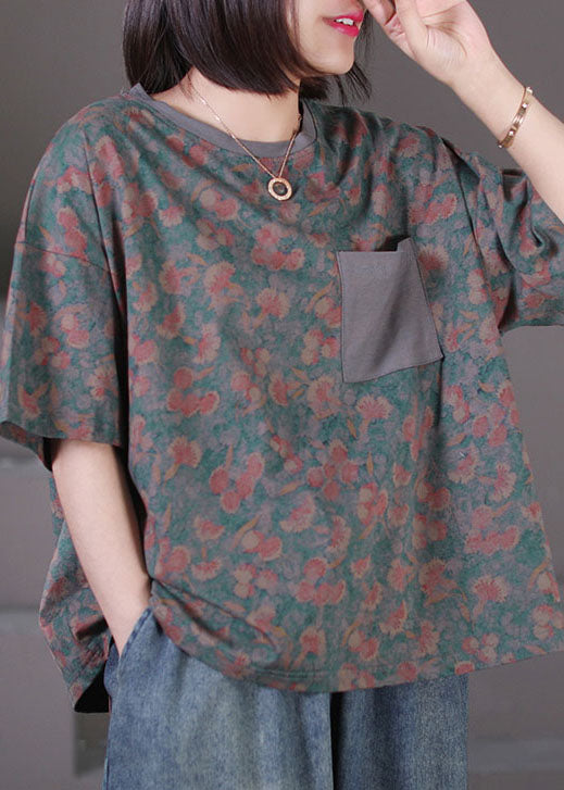 Plus Size Floral O Neck Pockets Patchwork Cotton T Shirt Top Summer