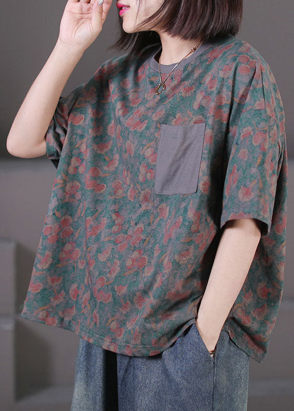 Plus Size Floral O Neck Pockets Patchwork Cotton T Shirt Top Summer