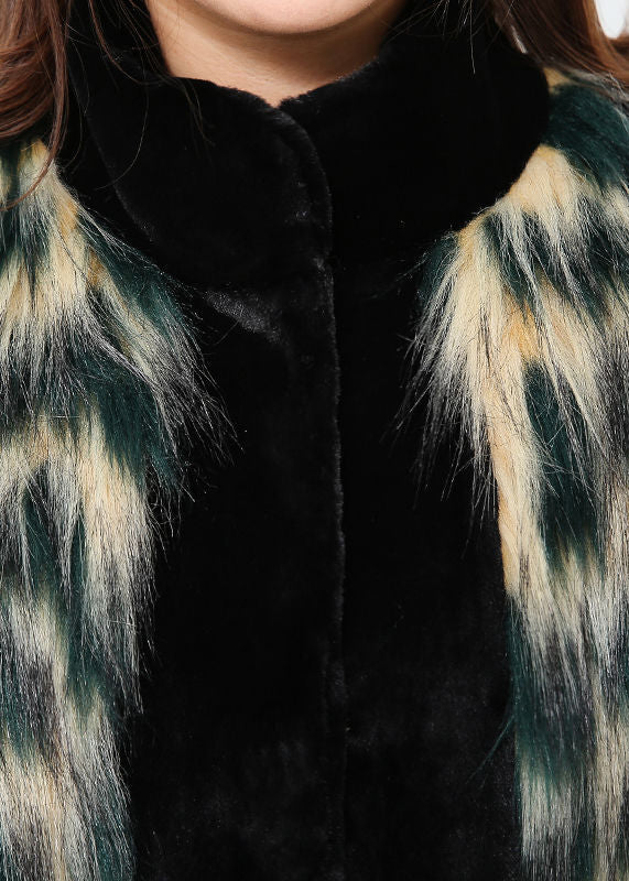 Plus Size Gradient Color Striped Patchwork Faux Leather And Fur Coat Outwear Winter