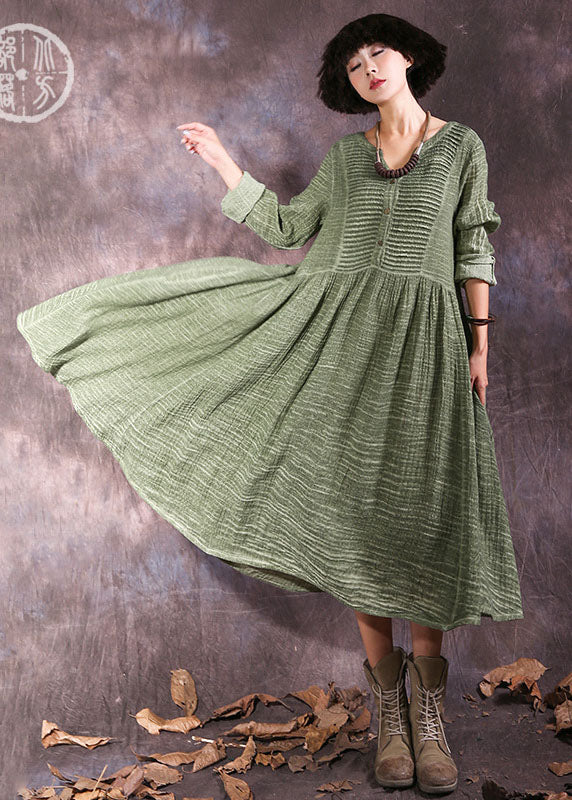 Plus Size Green Button Patchwork Cotton Dress Spring